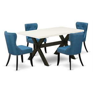 East West Furniture X-Style 5-piece Wood Dining Set in White/Black/Blue