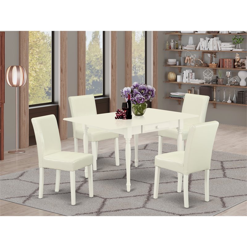 East West Furniture 5Pcs Wood Dining Set with Leather Seat in Linen White