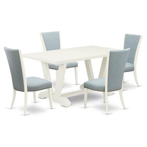 East West Furniture V-Style 5-piece Wood Dining Set in Linen White/Baby Blue