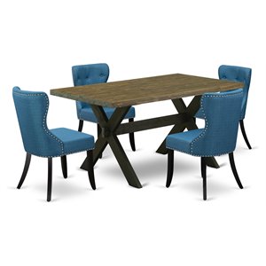 East West Furniture X-Style 5-piece Wood Dining Set in Jacobean/Black/Blue
