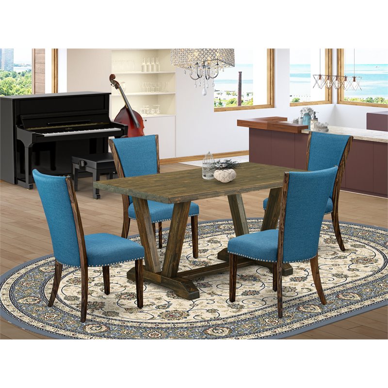 East West Furniture V-Style 5-piece Wood Dining Set in Jacobean Brown/Blue