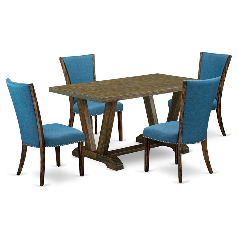 East West Furniture V-Style 5-piece Wood Dining Set in Jacobean Brown/Blue