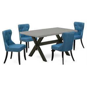 East West Furniture X-Style 5-piece Wood Dining Table Set in Black/Blue/Cement
