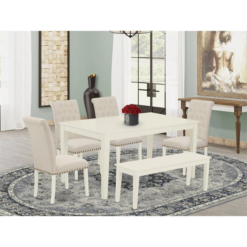 East West Furniture Capri 6-piece Wood Dining Set in Linen White/Light Beige