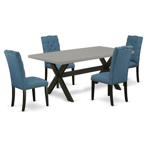 East West Furniture X-Style 5-piece Wood Dining Set in Black/Mineral Blue/Cement