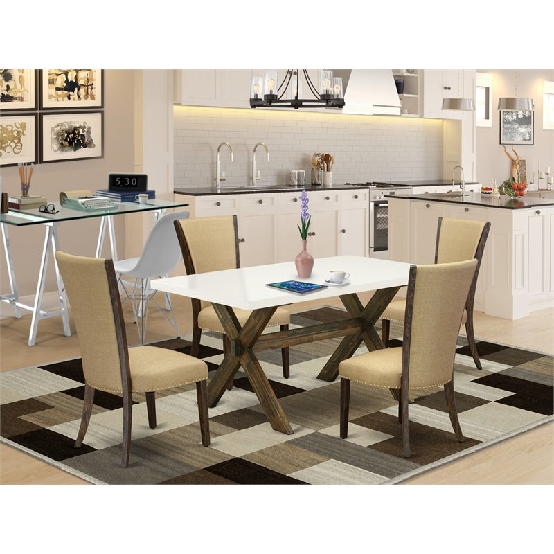 East West Furniture X-Style 5-piece Wood Dining Set in Linen White/Brown