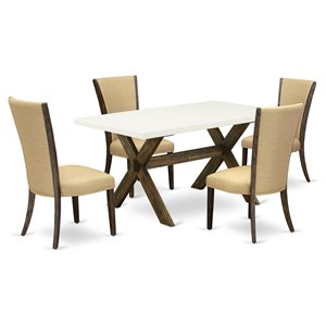 East West Furniture X-Style 5-piece Wood Dining Set in Linen White/Brown