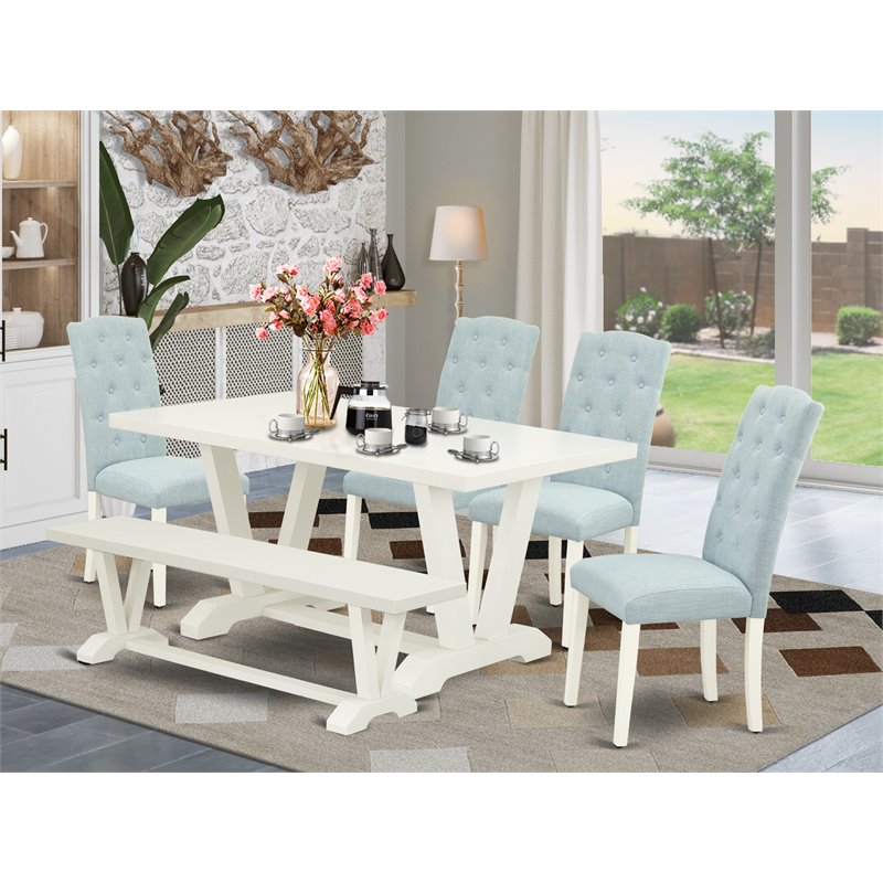 East West Furniture V-Style 6-piece Wood Dining Set in Linen White/Baby Blue