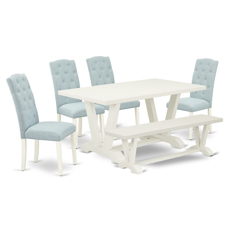East West Furniture V-Style 6-piece Wood Dining Set in Linen White/Baby Blue