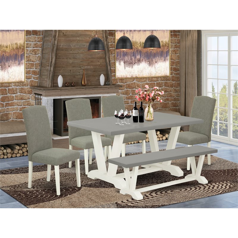 East West Furniture V-Style 6-piece Wood Dining Set in White/Dark Shitake/Cream