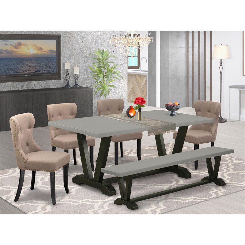 East West Furniture V-Style 6-piece Wood Dining Set with Cushion Chairs in Black
