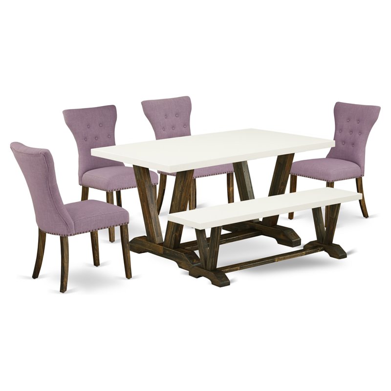East West Furniture V-Style 6-piece Wood Dining Set in Jacobean Brown/Dahlia