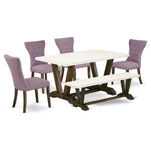 East West Furniture V-Style 6-piece Wood Dining Set in Jacobean Brown/Dahlia