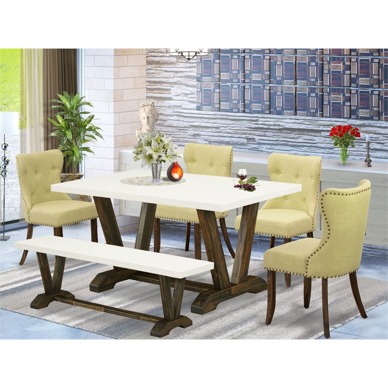 East West Furniture V-Style 6-piece Wood Dining Set in Jacobean Brown/Limelight
