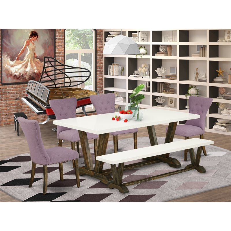 East West Furniture V-Style 6-piece Wood Dining Table Set in Brown/Dahlia