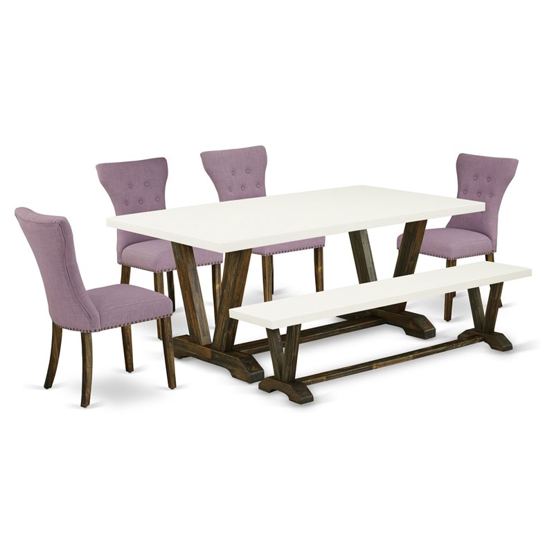 East West Furniture V-Style 6-piece Wood Dining Table Set in Brown/Dahlia