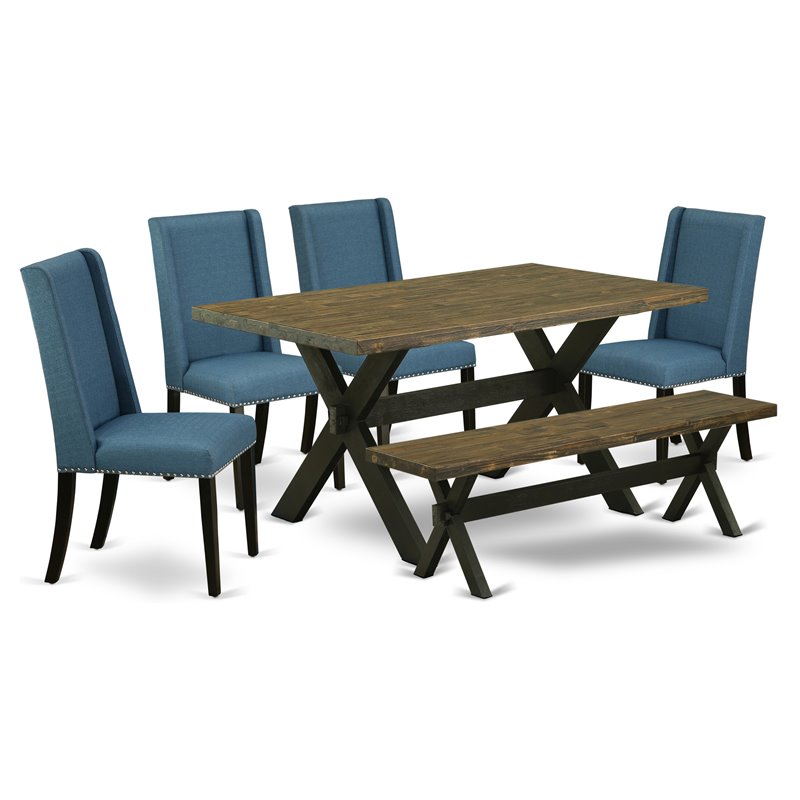 East West Furniture X-Style 6-piece Wood Dining Set in Black/Mineral Blue