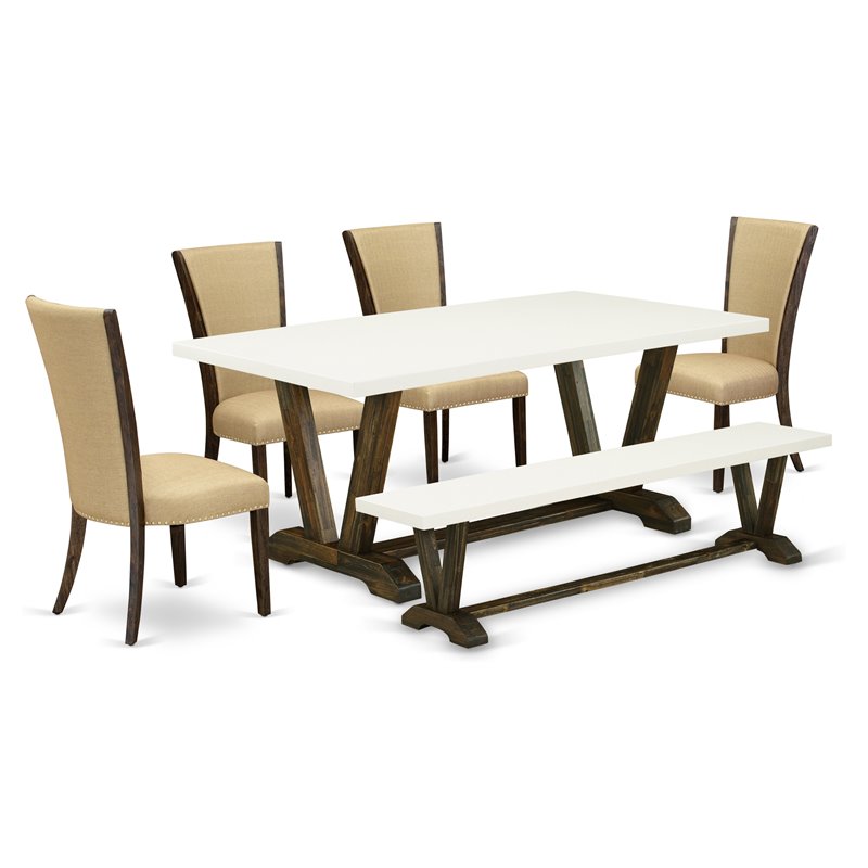East West Furniture V-Style 6-piece Wood Dining Table Set in Brown/White