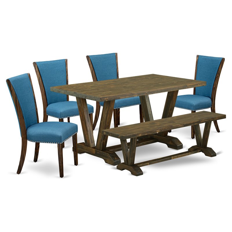 East West Furniture V-Style 6-piece Wood Dining Table Set in Black/Brown
