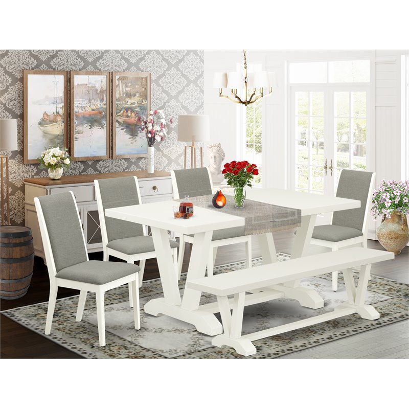 East West Furniture V-Style 6-piece Wood Dining Table Set in Linen White