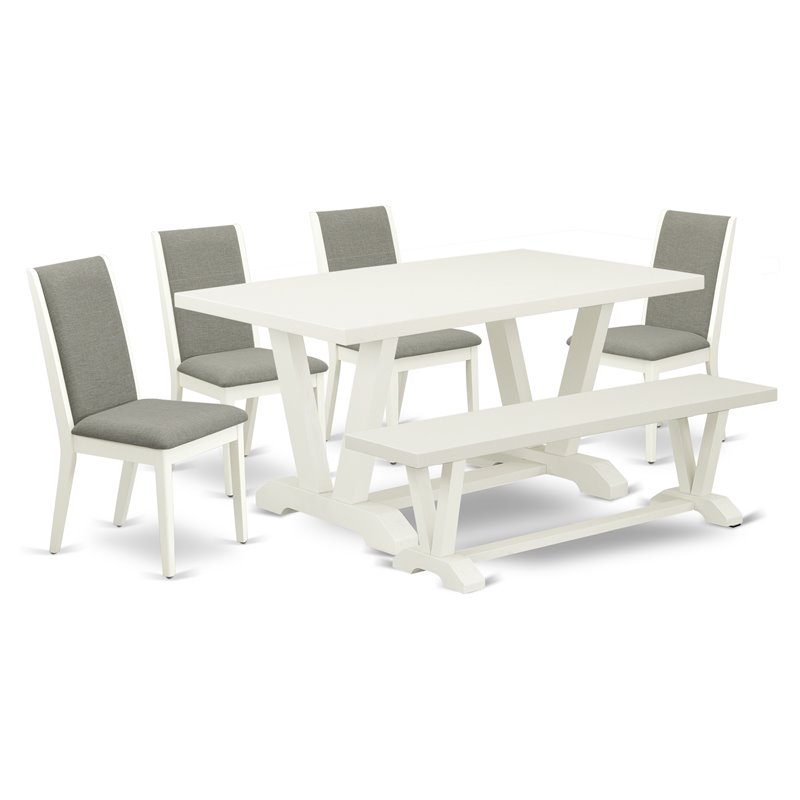 East West Furniture V-Style 6-piece Wood Dining Table Set in Linen White