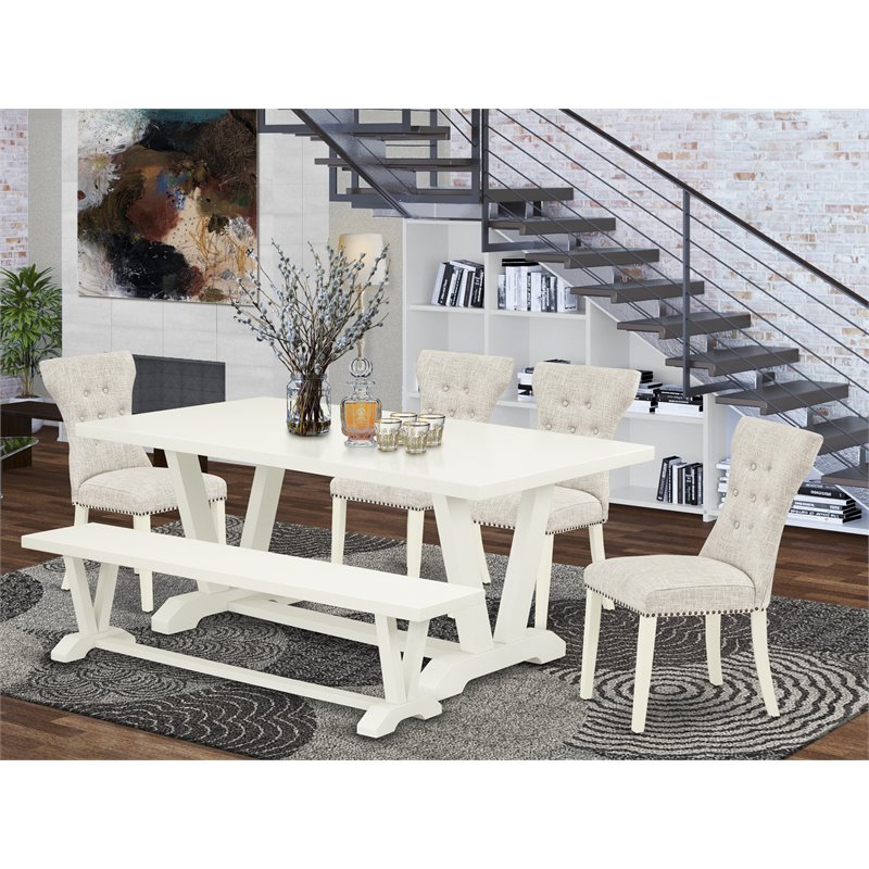 East West Furniture V-Style 6-piece Wood Dining Set in Linen White/Doeskin
