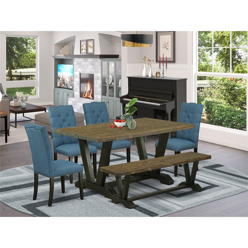 East West Furniture V-Style 6-piece Wood Dining Table Set in Black/Blue