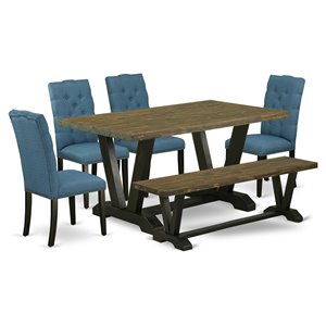 East West Furniture V-Style 6-piece Wood Dining Table Set in Black/Blue