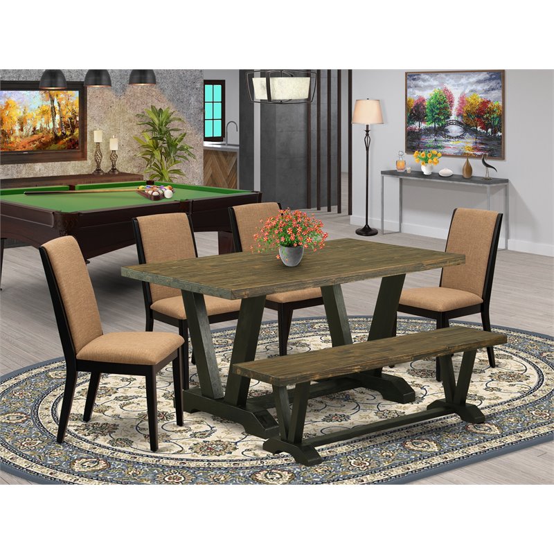 East West Furniture V-Style 6-piece Wood Kitchen Table Set in Black