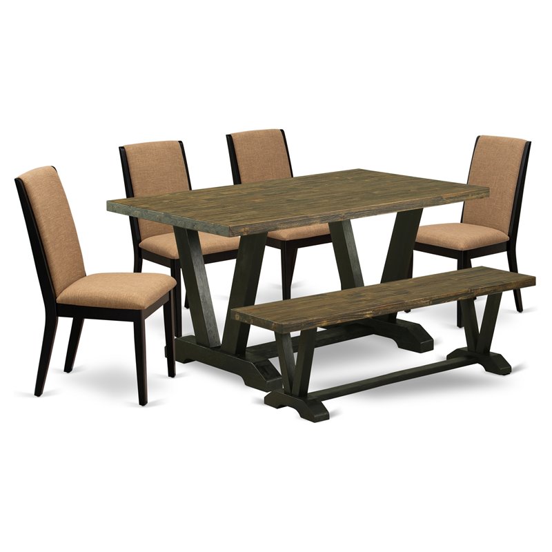 East West Furniture V-Style 6-piece Wood Kitchen Table Set in Black