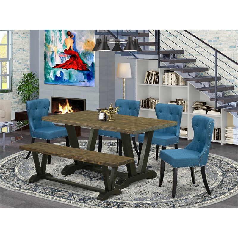 East West Furniture V-Style 6-piece Wood Dining Room Set in Jacobean/Black