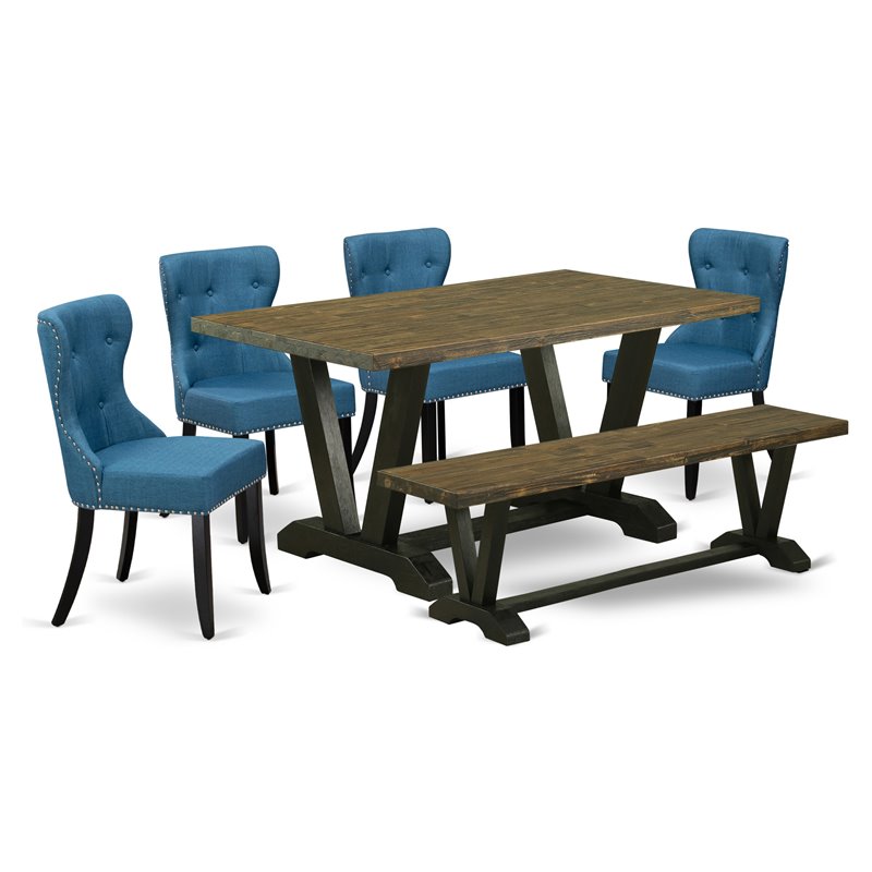 East West Furniture V-Style 6-piece Wood Dining Room Set in Jacobean/Black