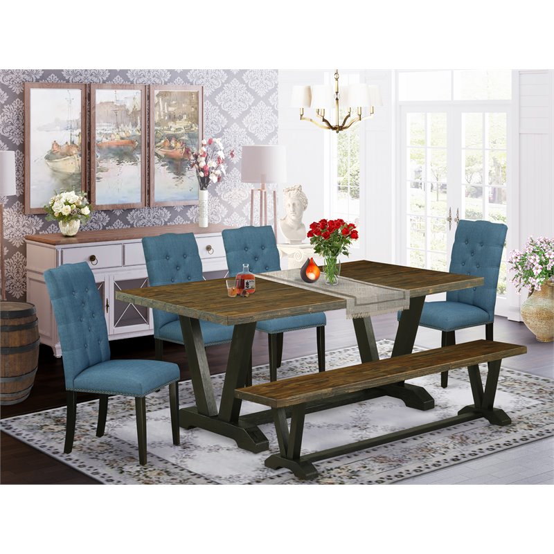 East West Furniture V-Style 6-piece Wood Dining Set with Fabric Seat in Black