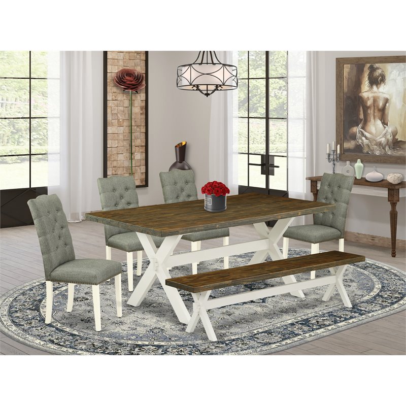 East West Furniture X-Style 6-piece Wood Dining Table Set in Linen White/Smoke