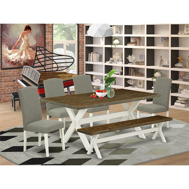 East West Furniture X-Style 6-piece Wood Dining Set in Linen White/Dark Shitake