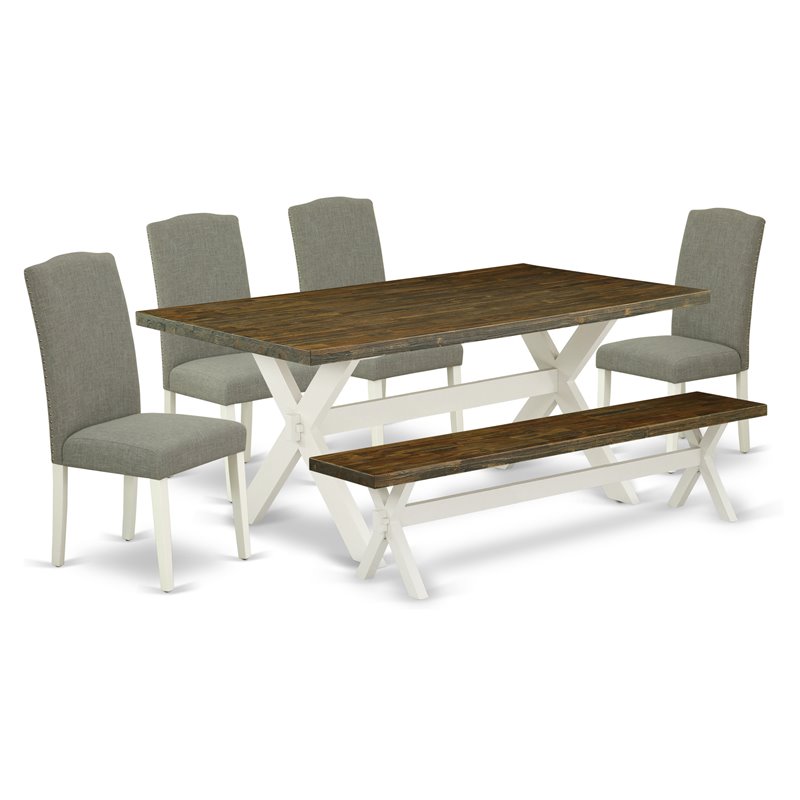 East West Furniture X-Style 6-piece Wood Dining Set in Linen White/Dark Shitake