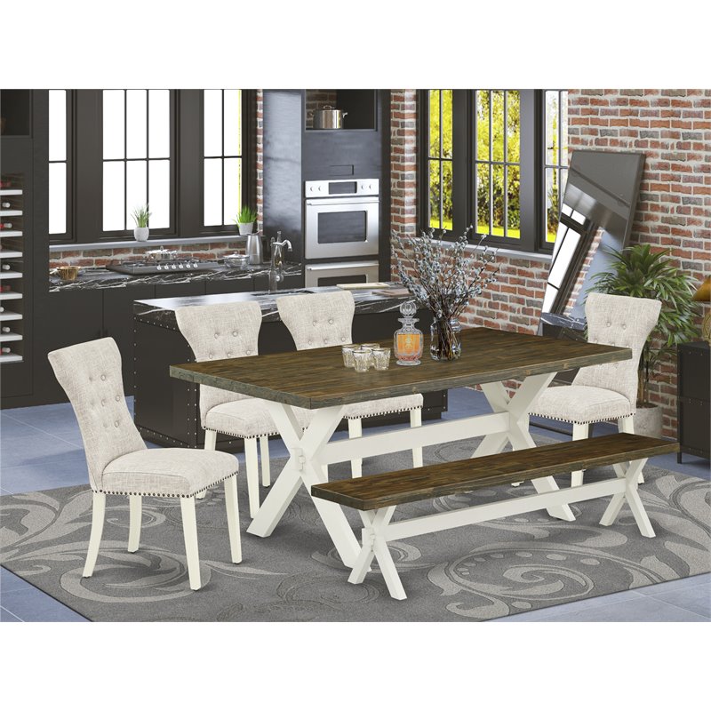 East West Furniture X-Style 6-piece Wood Dining Table Set in Linen White/Doeskin