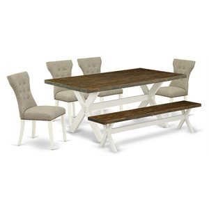 East West Furniture X-Style 6-piece Wood Dining Table Set in Linen White/Doeskin