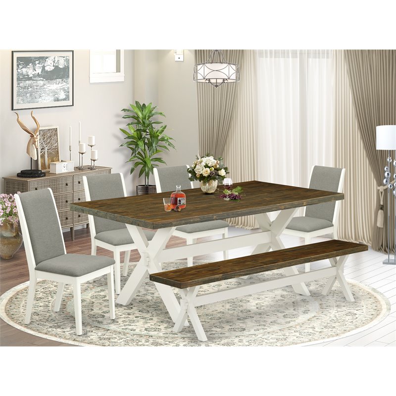 East West Furniture X-Style 6-piece Wood Dining Table Set in Linen White/Shitake