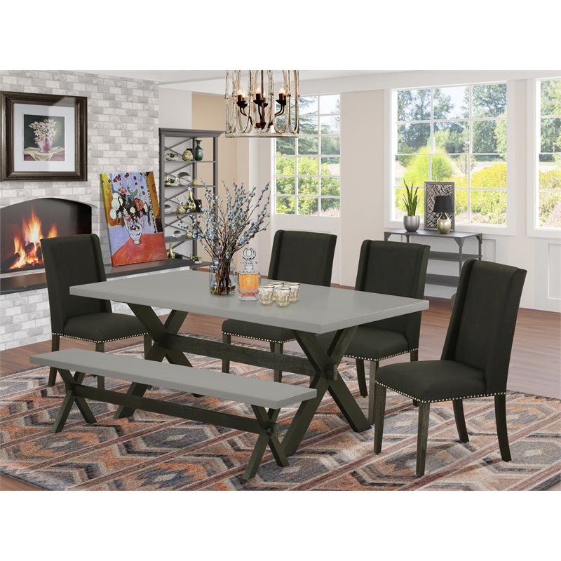 East West Furniture X-Style 6-piece Wood Dining Table Set with Bench in Black