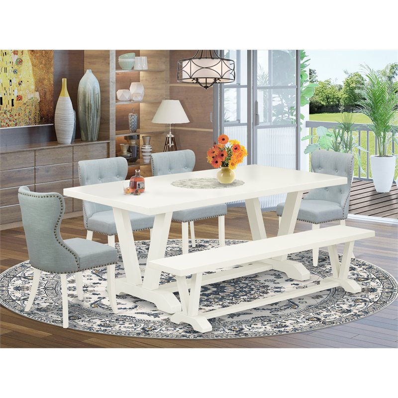 East West Furniture V-Style 6-piece Wood Dining Set with Cushion Chairs in White