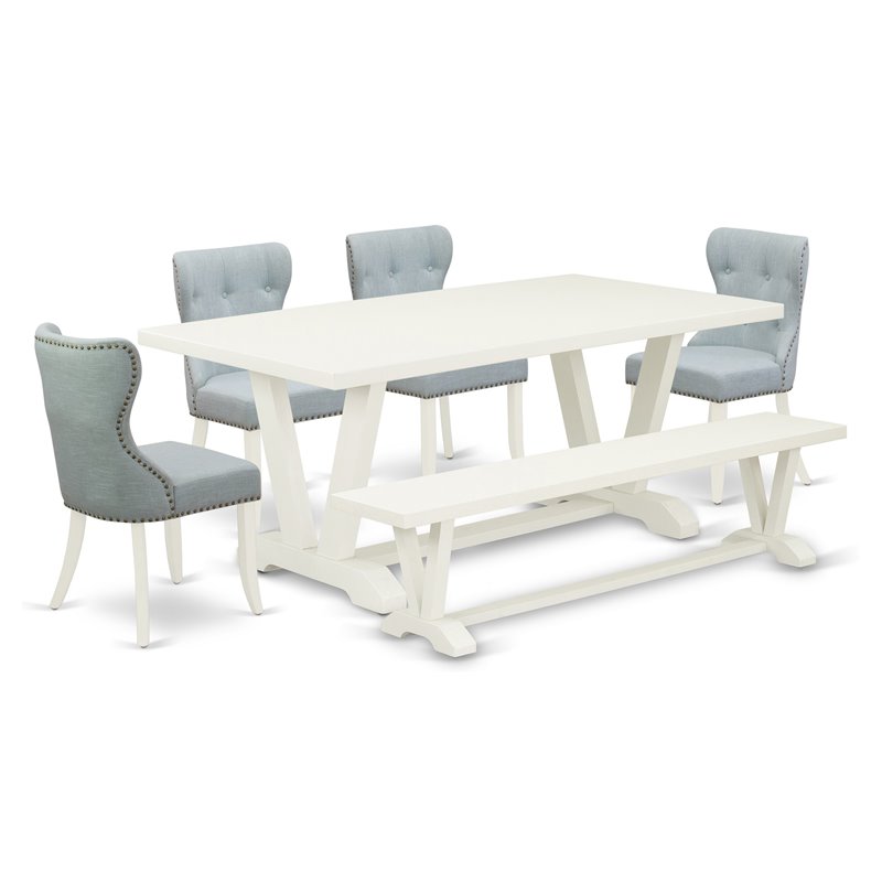 East West Furniture V-Style 6-piece Wood Dining Set with Cushion Chairs in White