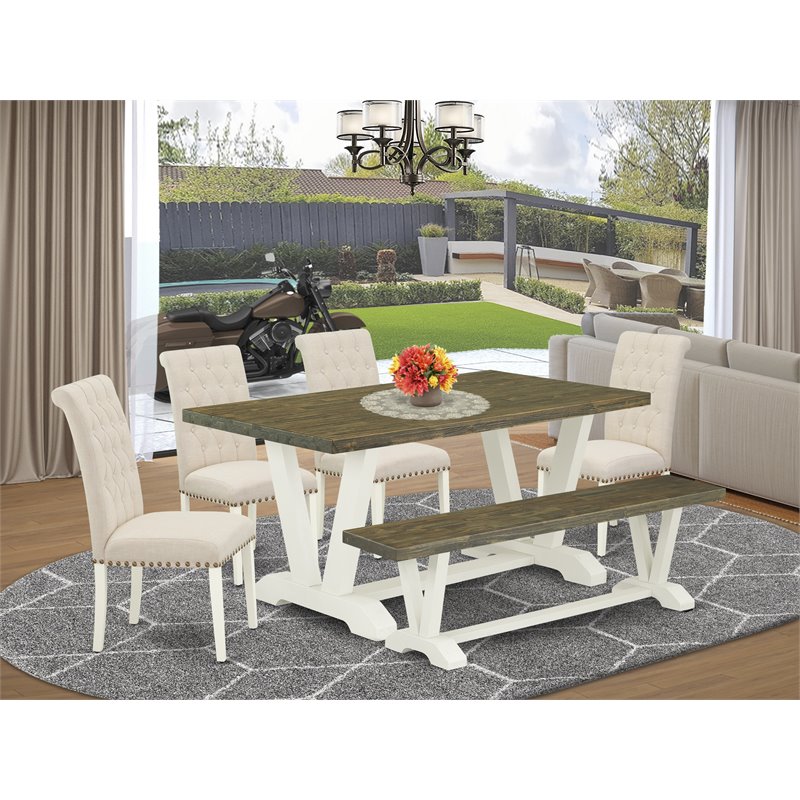 East West Furniture V-Style 6-piece Wood Dining Set in Linen White/Light Beige