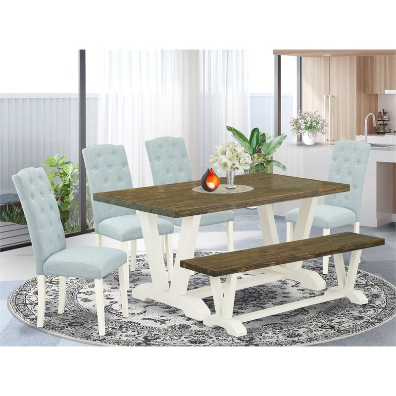 East West Furniture V-Style 6-piece Wood Dining Set in White/Baby Blue