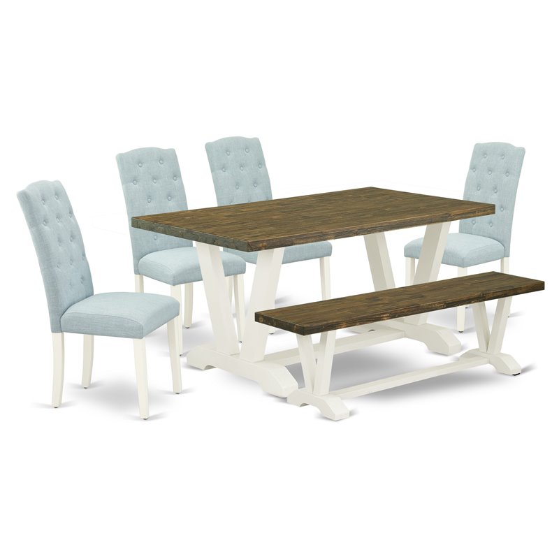 East West Furniture V-Style 6-piece Wood Dining Set in White/Baby Blue