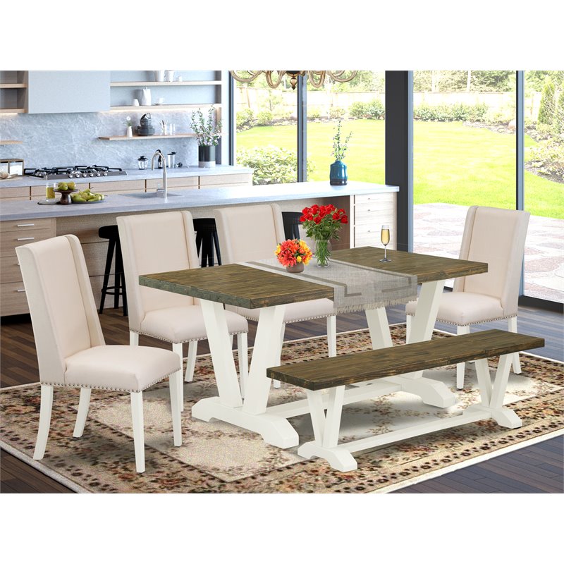 East West Furniture V-Style 6-piece Wood Dining Set in Linen White/Cream