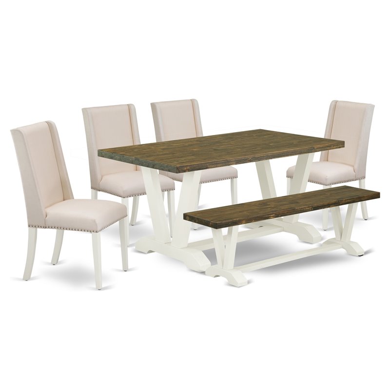 East West Furniture V-Style 6-piece Wood Dining Set in Linen White/Cream