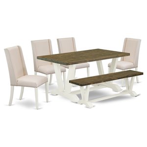 East West Furniture V-Style 6-piece Wood Dining Set in Linen White/Cream