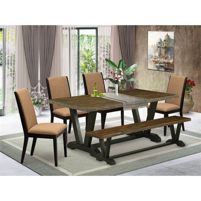 East West Furniture V-Style 6-piece Wood Dining Set with Cushion Seat in Black