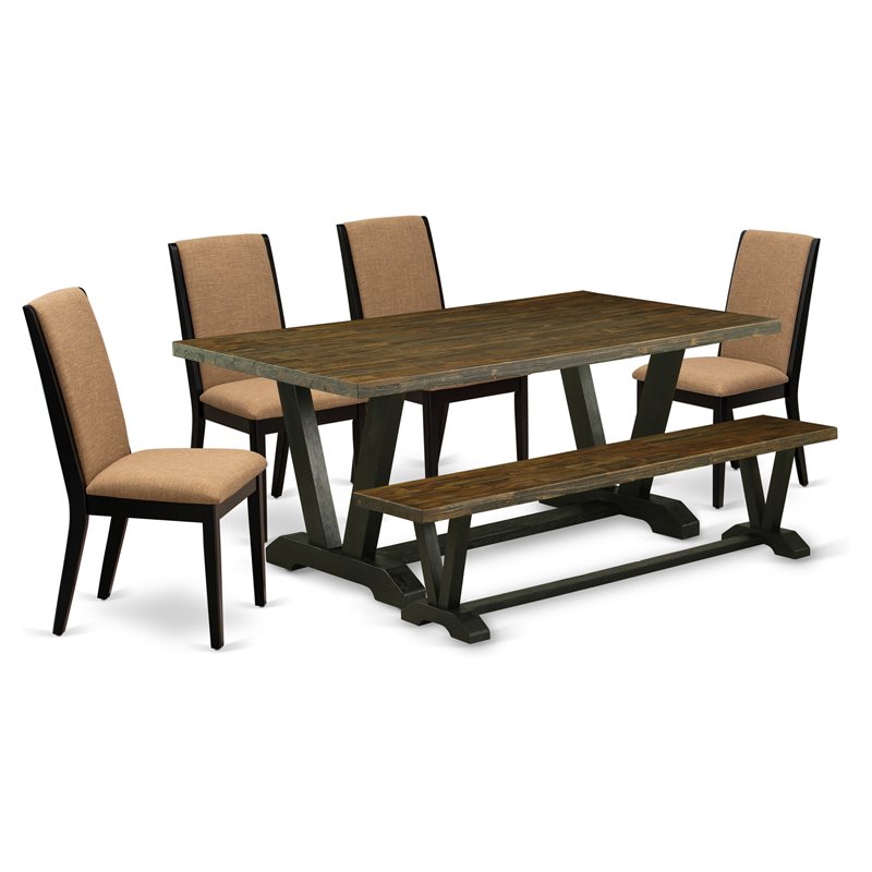 East West Furniture V-Style 6-piece Wood Dining Set with Cushion Seat in Black